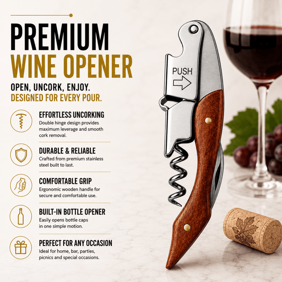 A premium wine opener tool with a stainless steel spiral corkscrew and wooden handle is shown on a light marble surface beside a glass of red wine, a cork, and promotional text highlighting features like effortless uncorking and a built-in bottle opener.