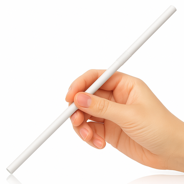Hand holding a white straw against a white background