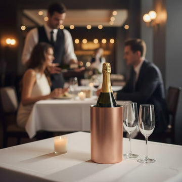 Bottle of champagne in a copper cooler with two wine glasses on a table in a restaurant setting.
