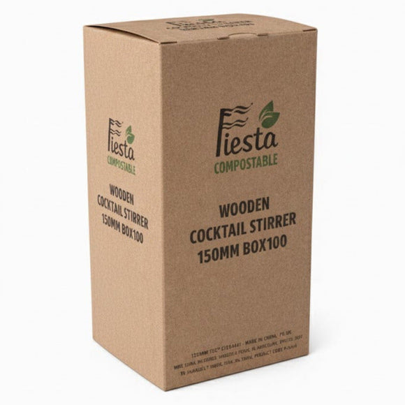 Cardboard box packaging for Fiesta Compostable wooden cocktail stirrers on a white background