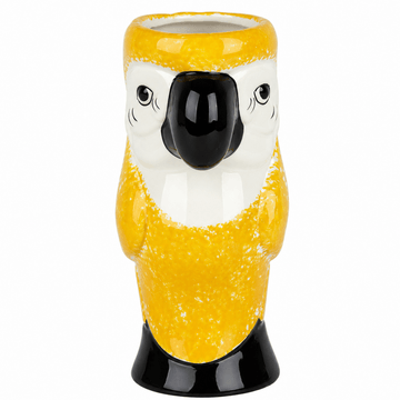 A yellow and white parrot-shaped ceramic mug with a glossy black beak and base, shown on a plain white background.