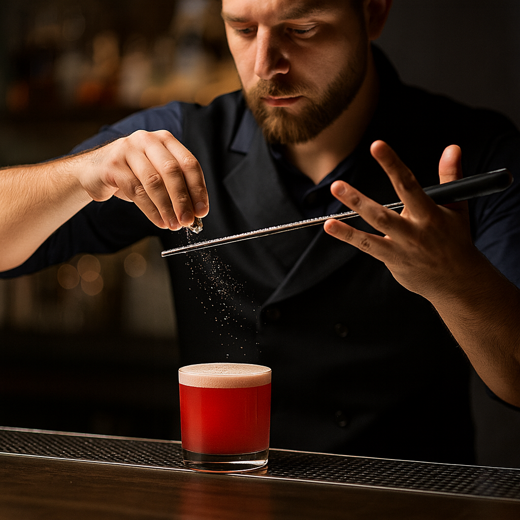 Barista adding a spice to a red drink in a glass.