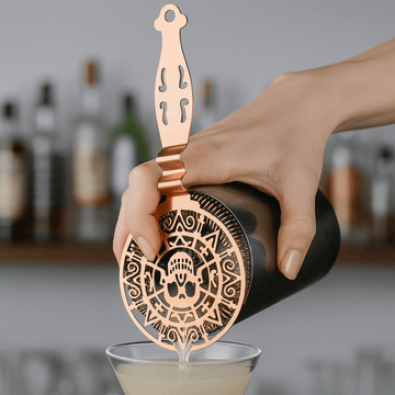Copper skull cocktail strainer bar tool with ornate design for smooth cocktail pouring and themed bar setups - BarBits.co.uk