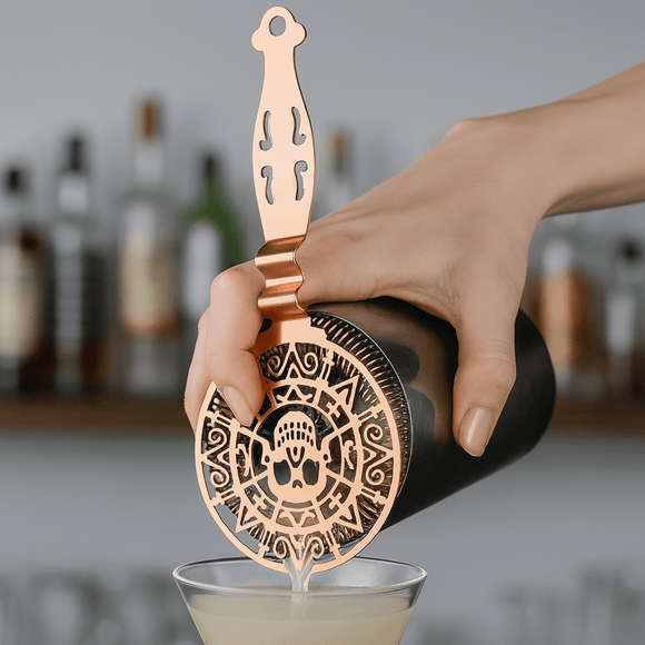 Copper skull cocktail strainer bar tool with ornate design for smooth cocktail pouring and themed bar setups - BarBits.co.uk