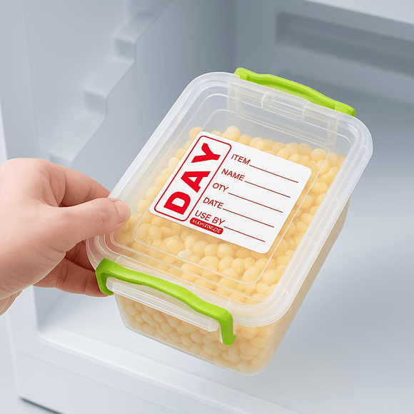 Red removable prepped food labels roll of 500 for kitchen food storage organisation - BarBits.co.uk