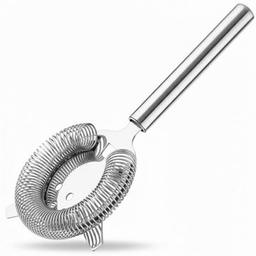Stainless steel Hawthorne cocktail strainer with coiled spring, twin ears and rounded handle