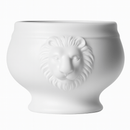 White ceramic pot with lion head design on a white background