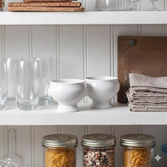 White shelves with glassware, bowls, jars, and folded towels against a white paneled wall.