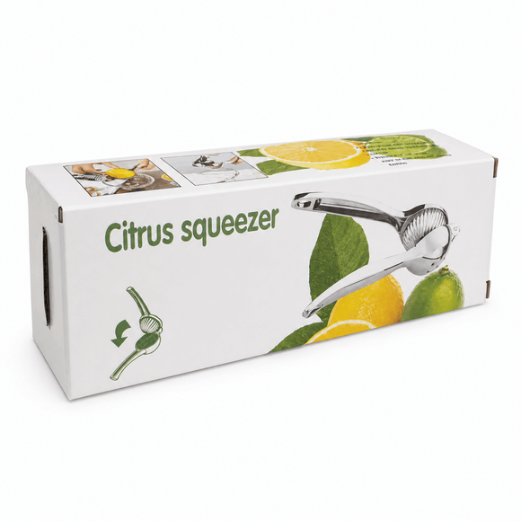 Citrus squeezer packaging with images of lemons and a squeezer on a white background