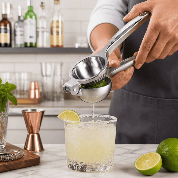 Person using a manual juicer to extract juice from a lime over a glass with a cocktail.