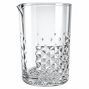 Clear glasscocktail mixing pitcher with a diamond-patterned base and faceted diamond-cut body, shown on a white background.
