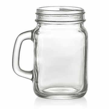 Clear glass mason jar with handle on a white background