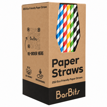 A package of BarBits 250 Eco Friendly Paper Straws in a brown cardboard box with a window showing the colorful striped straws inside.