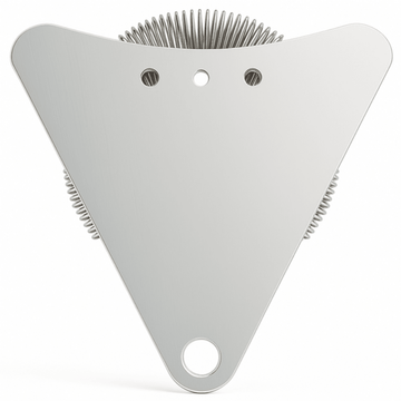 Triangular Ninja cocktail strainer in stainless steel shown from an alternative angle