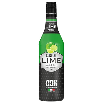 Bottle of ODK Lime Cordial on a white background