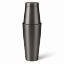 A brushed dark gray metal cocktail shaker with its matching lid stacked on top, shown against a clean white background.