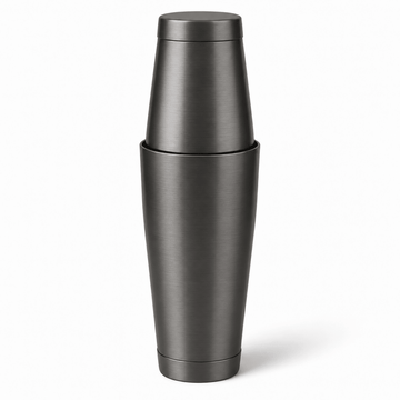 A brushed dark gray metal cocktail shaker with its matching lid stacked on top, shown against a clean white background.