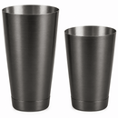Two brushed gunmetal cocktail shakers in different sizes on a plain white background.