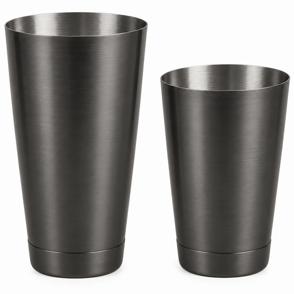 Two brushed gunmetal cocktail shakers in different sizes on a plain white background.