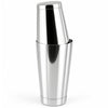 A two-piece stainless steel Boston cocktail shaker set with a large tin nested inside a smaller tin, reflecting light on its polished surface.