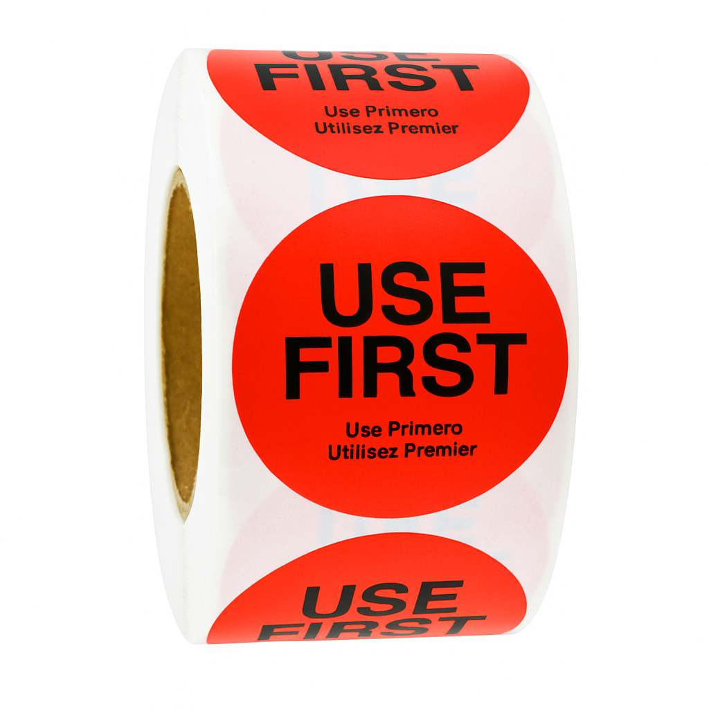Red Removable Use First Labels - Roll of 500