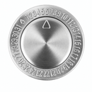 A round brushed metal button or dial with engraved numbers 0 through 31 around the outer ring and a small triangle symbol near the top, shown on a plain white background.