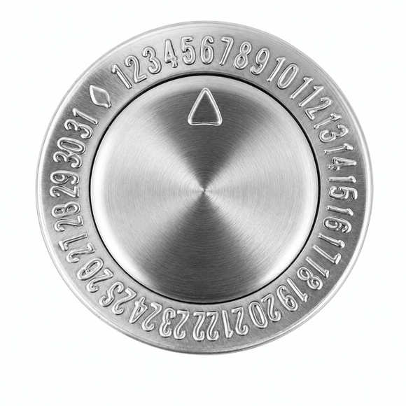 A round brushed metal button or dial with engraved numbers 0 through 31 around the outer ring and a small triangle symbol near the top, shown on a plain white background.