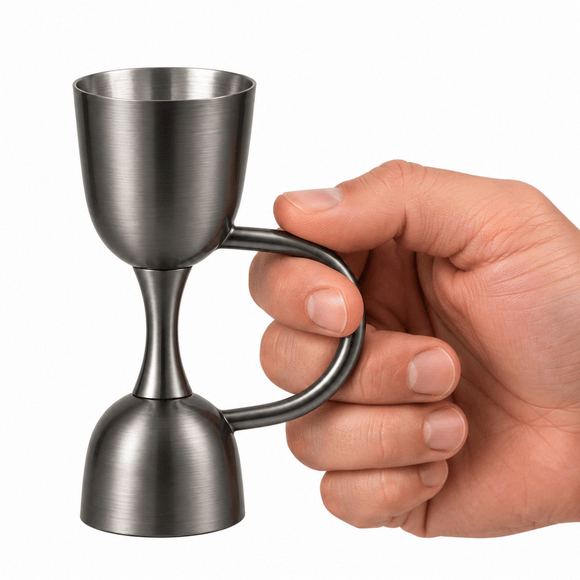 A hand holding a small double- jigger cocktail measure brushed dark brushed finish against a plain white background.