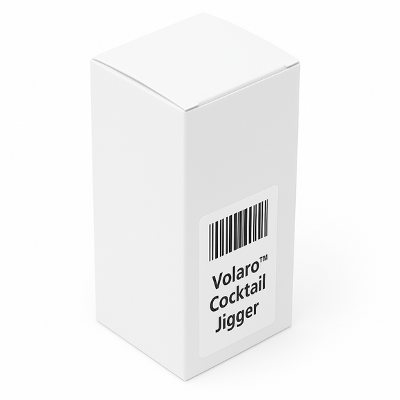 White box with 'Volaro Cocktail Jigger' text and barcode on a white background