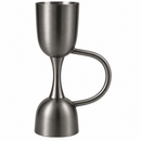 A brushed metal cocktail jigger  with a curved handle, shown on a plain white background.