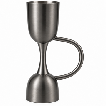 A brushed metal cocktail jigger  with a curved handle, shown on a plain white background.