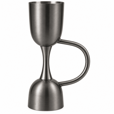 A brushed metal cocktail jigger  with a curved handle, shown on a plain white background.