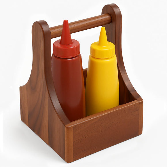 Wooden condiment table caddy organizer acacia wood holder for sauces and cutlery for bars and restaurants - BarBits.co.uk