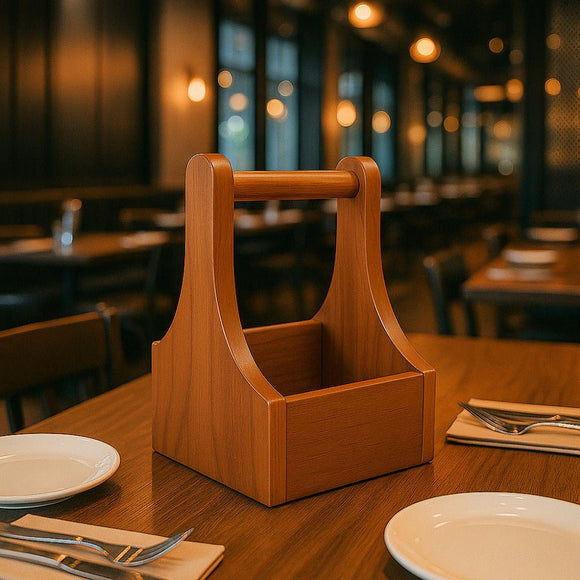 Wooden condiment table caddy organizer acacia wood holder for sauces and cutlery for bars and restaurants - BarBits.co.uk