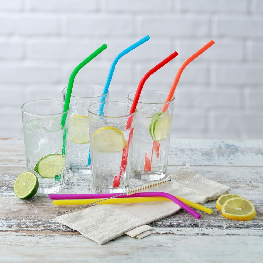 Reusable Silicone Drinking Straws & Brush - Pack of 8