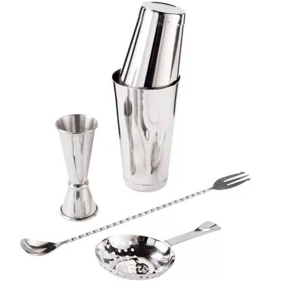 4 piece cocktail bar set stainless steel with shakers jigger spoon and strainer for making cocktails - BarBits.co.uk
