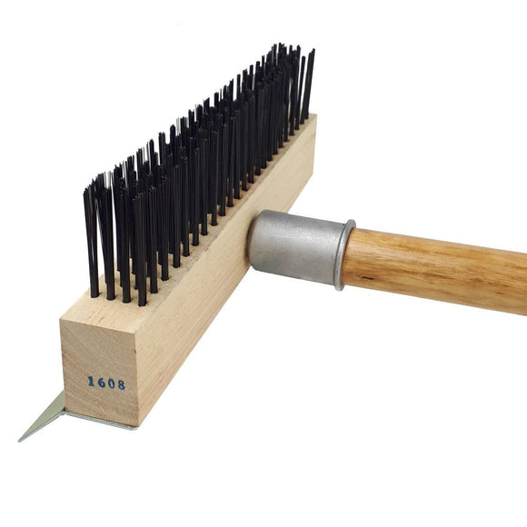 Pizza oven brush with wooden handle and wire bristles plus stainless steel scraper for cleaning pizza ovens - BarBits.co.uk