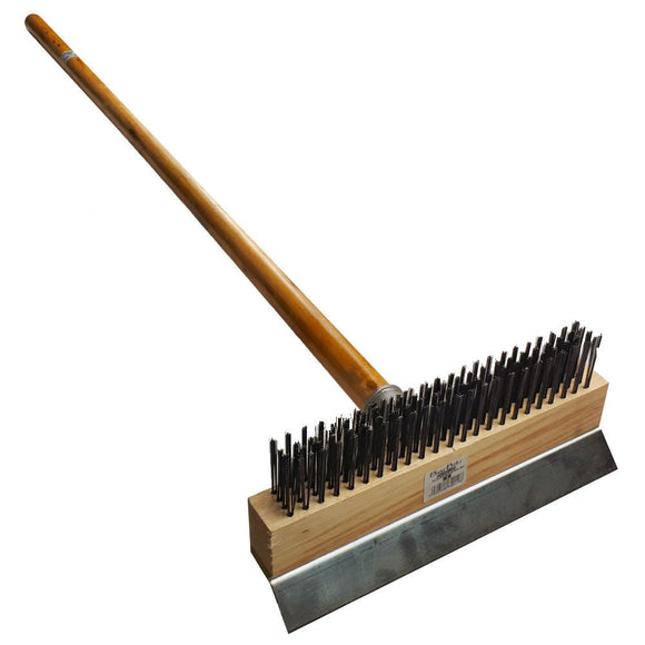 Pizza oven brush with wooden handle and wire bristles plus stainless steel scraper for cleaning pizza ovens - BarBits.co.uk